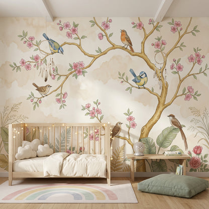 Cherry Blossoms Wallpaper Floral Branches Songbirds Wall Mural