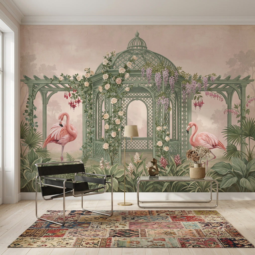 Garden Gazebo Wallpaper Flamingos Sage Green Lattice Removable Wall Decor