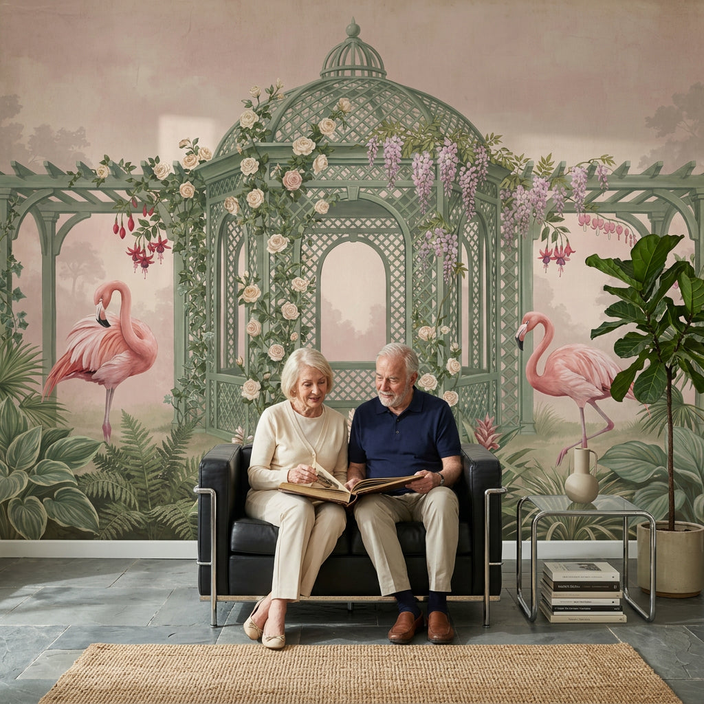 Garden Gazebo Wallpaper Flamingos Sage Green Lattice Removable Wall Decor