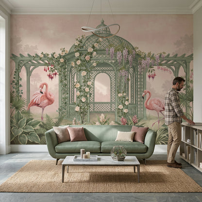 Garden Gazebo Wallpaper Flamingos Sage Green Lattice Removable Wall Decor