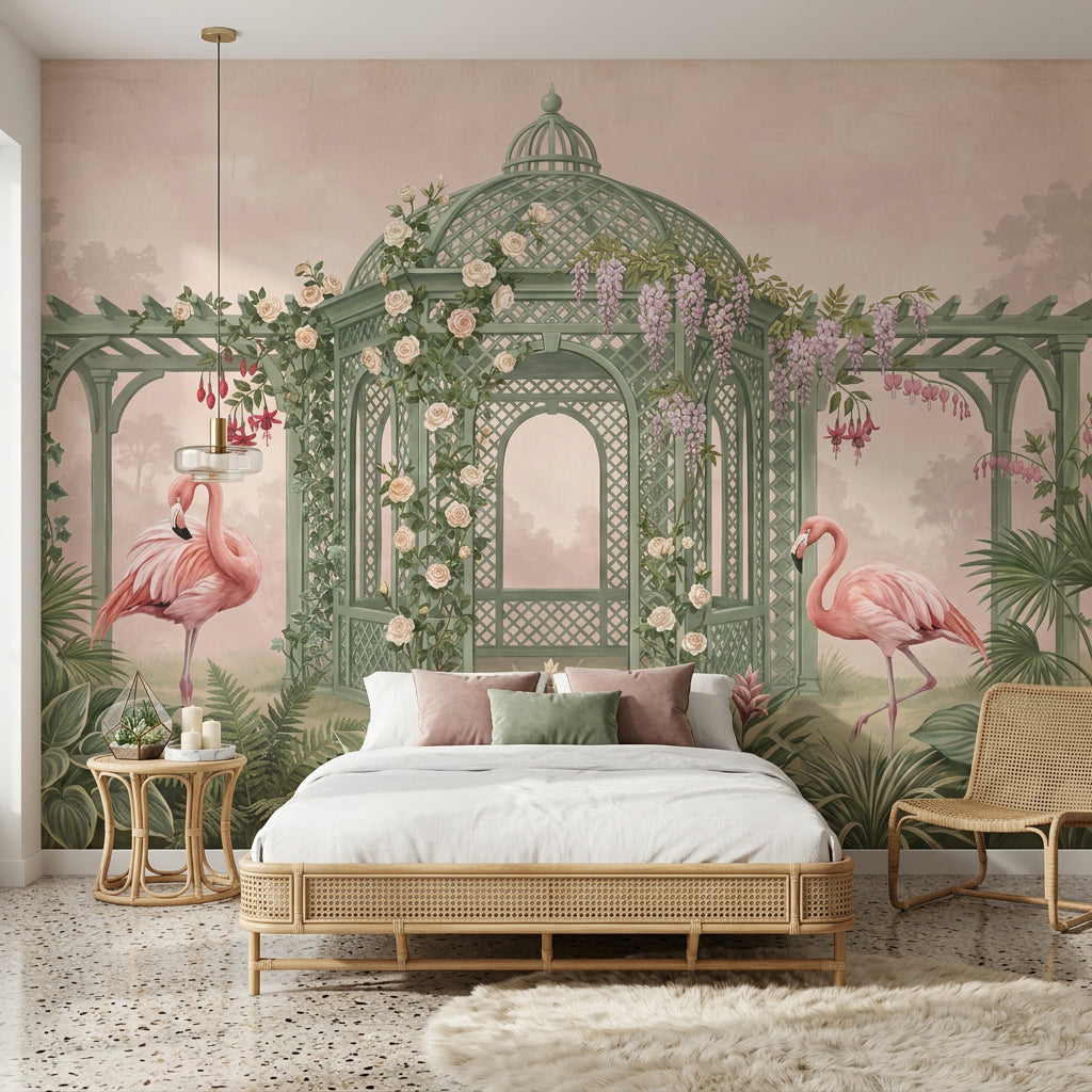 Garden Gazebo Wallpaper Flamingos Sage Green Lattice Removable Wall Decor