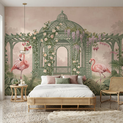 Garden Gazebo Wallpaper Flamingos Sage Green Lattice Removable Wall Decor