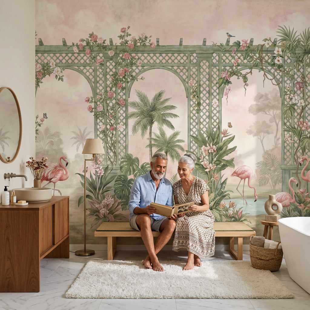 Tropical Garden Wallpaper Pastel Pink Green Trellis Arches Wall Mural