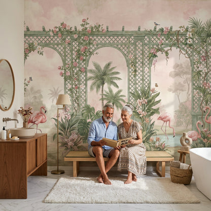 Tropical Garden Wallpaper Pastel Pink Green Trellis Arches Wall Mural