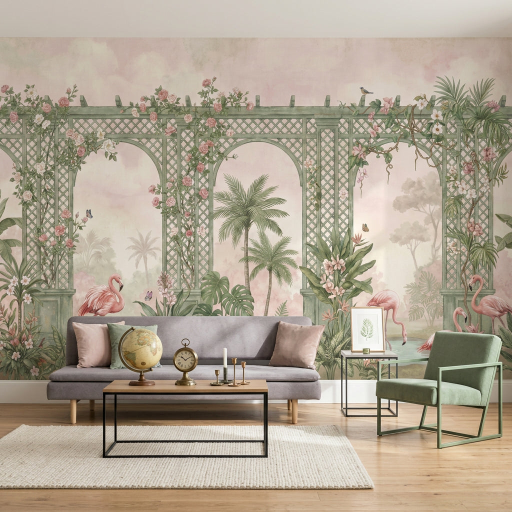 Tropical Garden Wallpaper Pastel Pink Green Trellis Arches Wall Mural