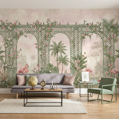 Tropical Garden Wallpaper Pastel Pink Green Trellis Arches Wall Mural