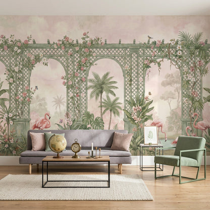 Tropical Garden Wallpaper Pastel Pink Green Trellis Arches Wall Mural – Ready-to-Ship Outlet