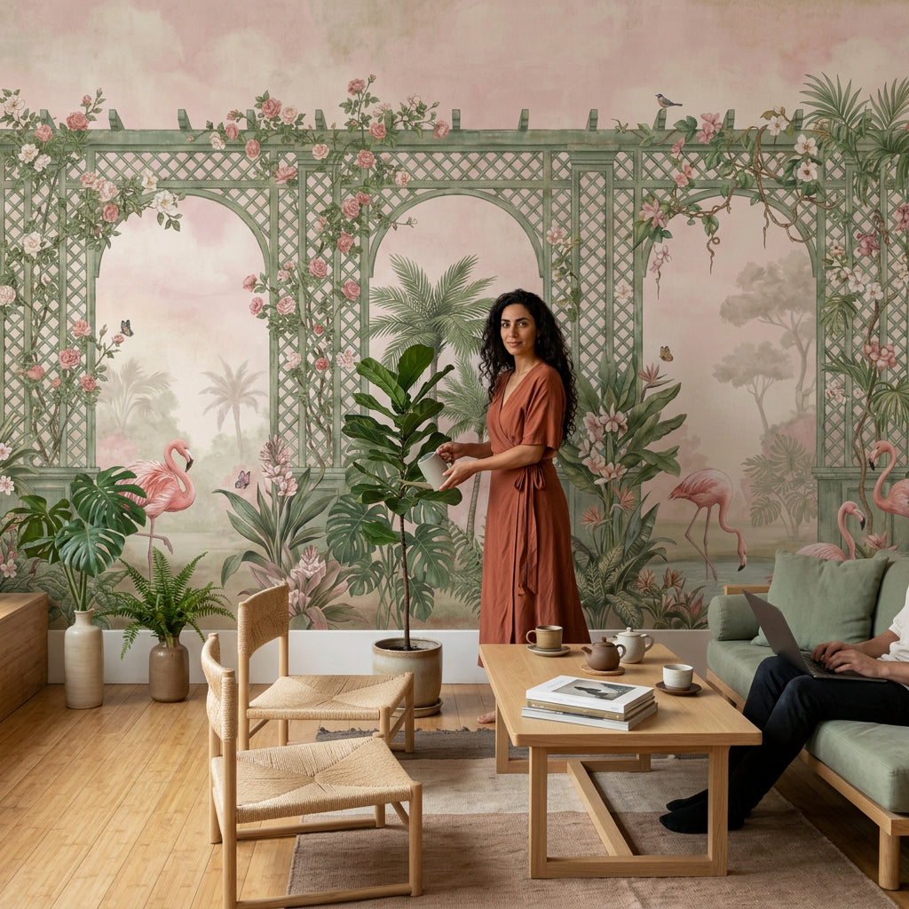 Tropical Garden Wallpaper Pastel Pink Green Trellis Arches Wall Mural