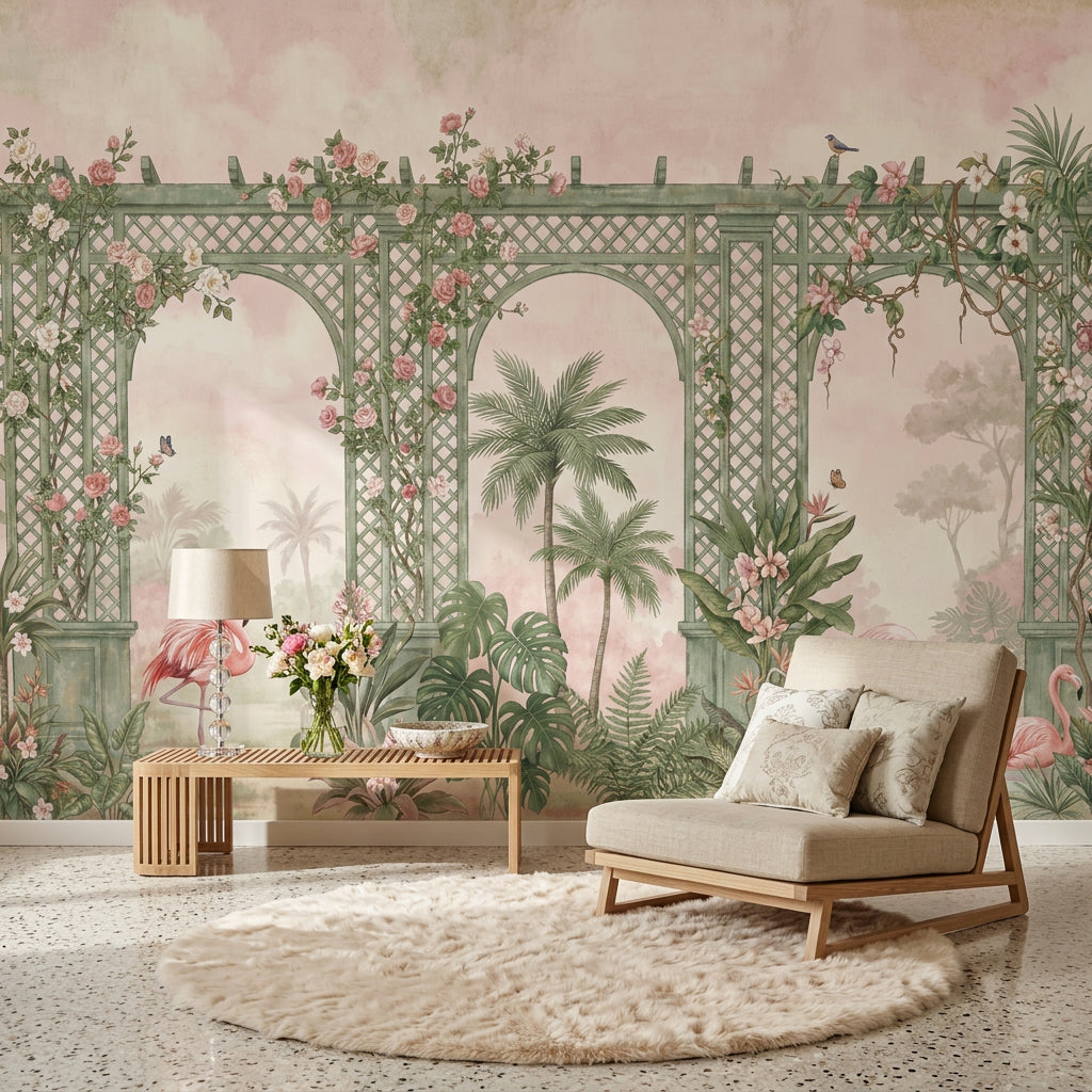 Tropical Garden Wallpaper Pastel Pink Green Trellis Arches Wall Mural