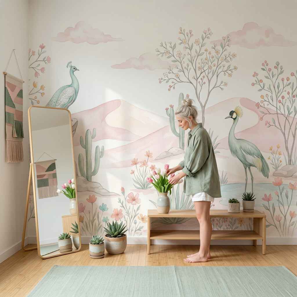 Pastel Desert Landscape Wallpaper Watercolor Pink Dunes Removable Wall Decor