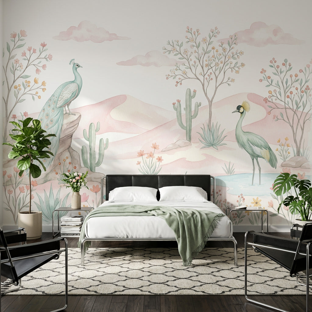 Pastel Desert Landscape Wallpaper Watercolor Pink Dunes Removable Wall Decor