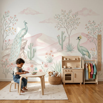 Pastel Desert Landscape Wallpaper Watercolor Pink Dunes Removable Wall Decor