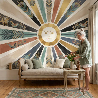 Sun Face Wallpaper Starburst Rays Removable Gold Accents Wall Decor