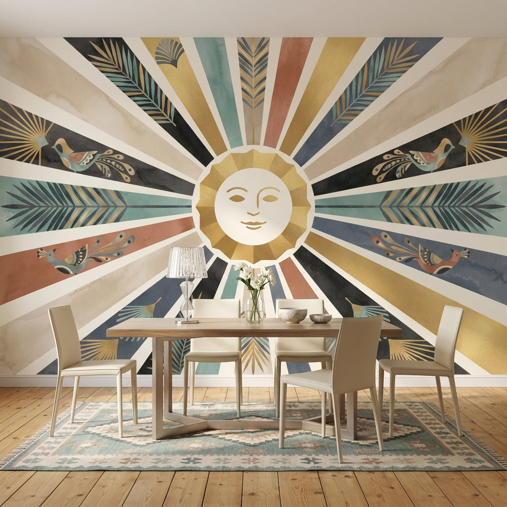 Sun Face Wallpaper Starburst Rays Removable Gold Accents Wall Decor
