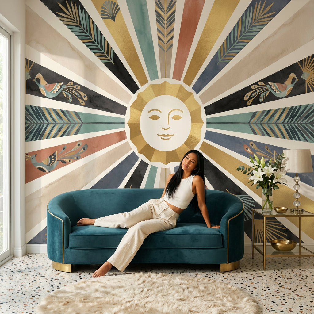 Sun Face Wallpaper Starburst Rays Removable Gold Accents Wall Decor