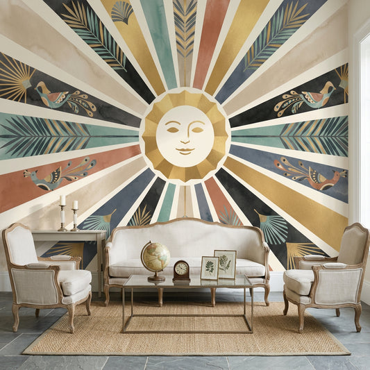 Sun Face Wallpaper Starburst Rays Removable Gold Accents Wall Decor