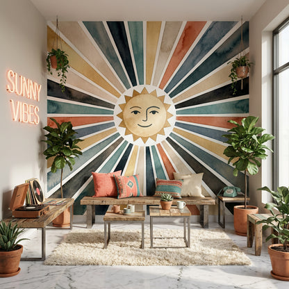 Sun Face Wallpaper Starburst Rays Watercolor Wash Wall Mural