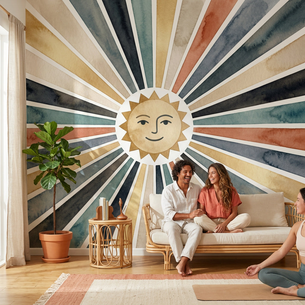 Sun Face Wallpaper Starburst Rays Watercolor Wash Wall Mural