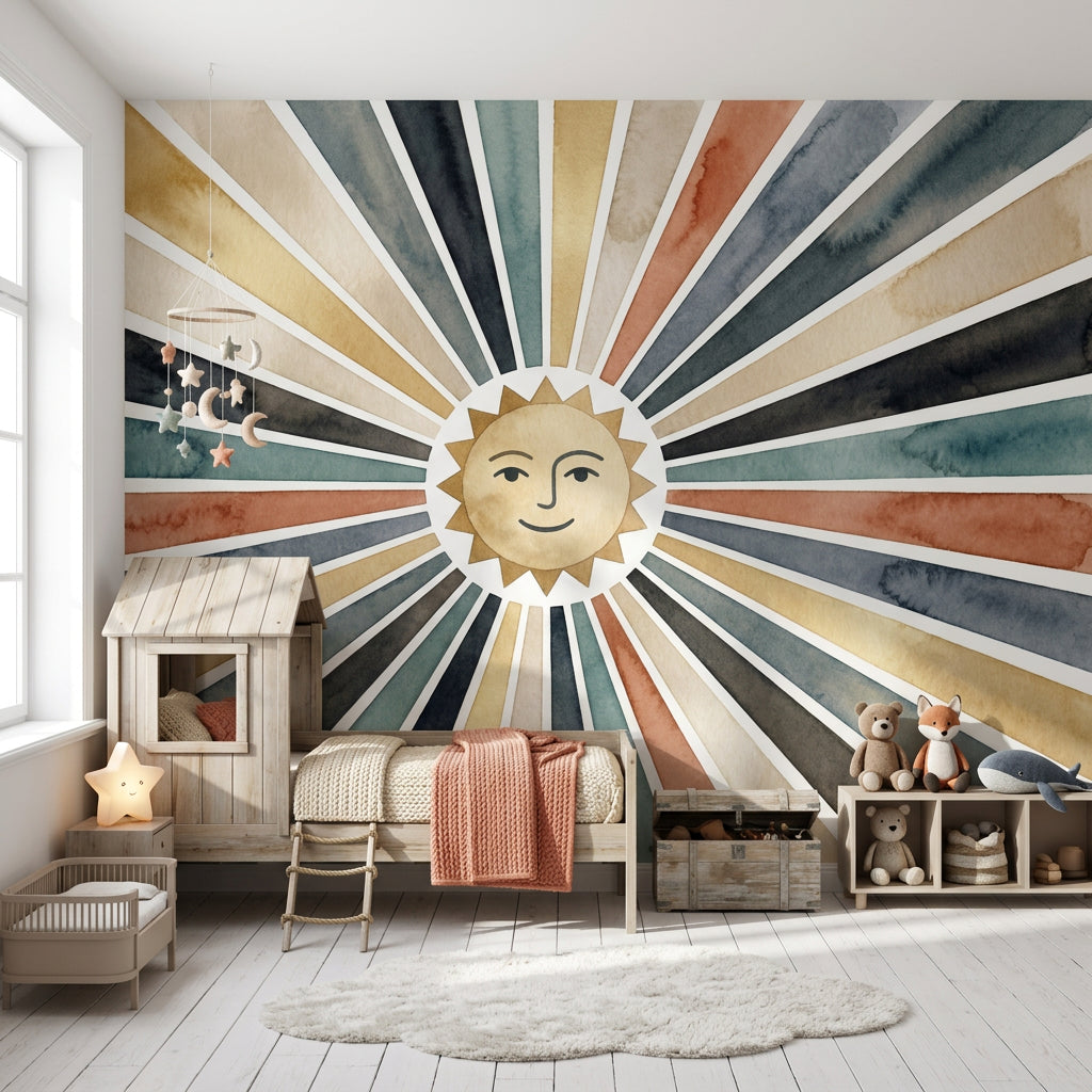 Sun Face Wallpaper Starburst Rays Watercolor Wash Wall Mural
