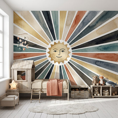 Sun Face Wallpaper Starburst Rays Watercolor Wash Wall Mural