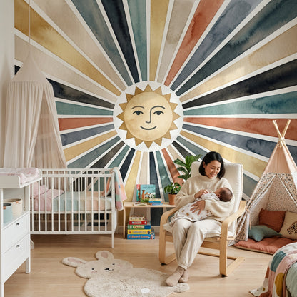 Sun Face Wallpaper Starburst Rays Watercolor Wash Wall Mural