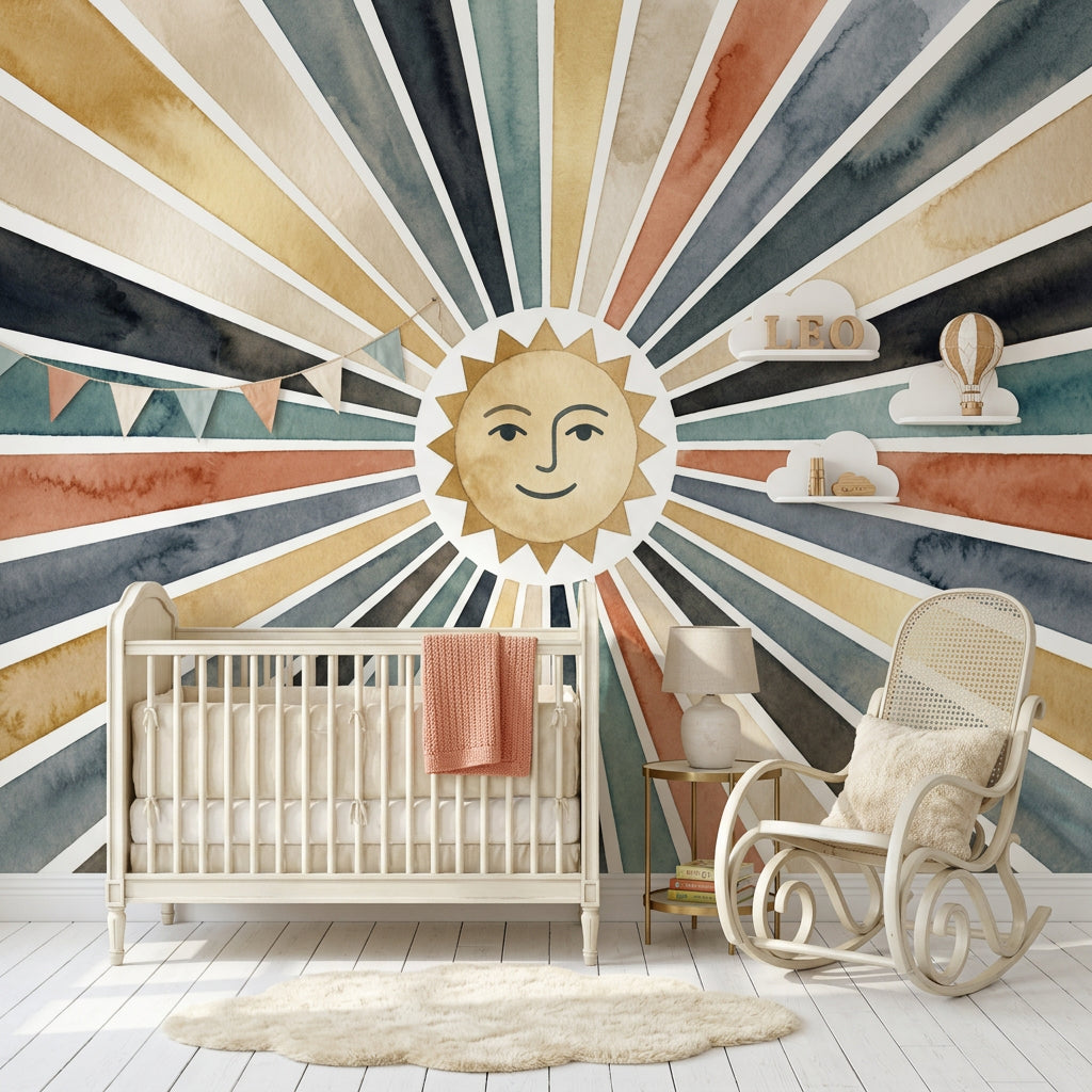 Sun Face Wallpaper Starburst Rays Watercolor Wash Wall Mural