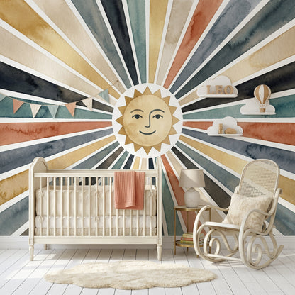 Sun Face Wallpaper Starburst Rays Watercolor Wash Wall Mural