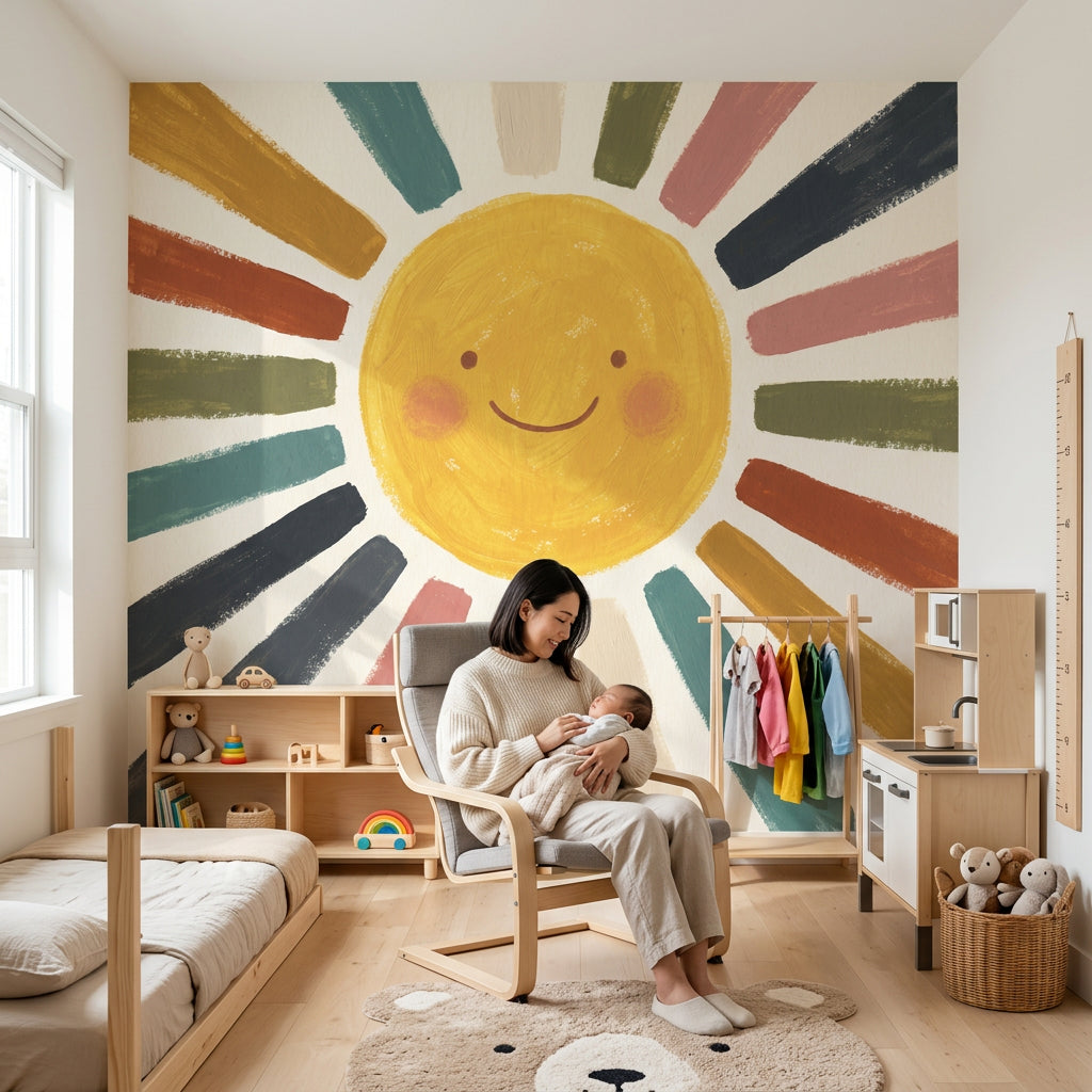 Smiling Sun Wallpaper Starburst Rays Hand Painted Wall Mural