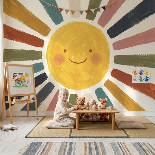 Smiling Sun Wallpaper Starburst Rays Hand Painted Wall Mural