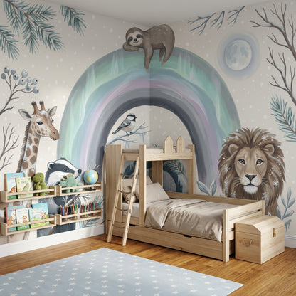 Pastel Rainbow Wallpaper Winter Removable Woodland Animals Wall Decor