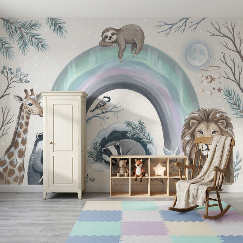 Pastel Rainbow Wallpaper Winter Removable Woodland Animals Wall Decor