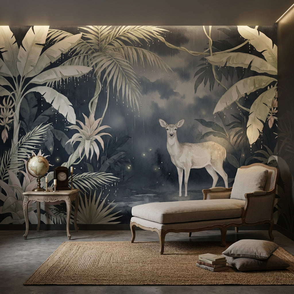 Tropical Jungle Wallpaper Watercolor Deer Fawn Removable Wall Decor