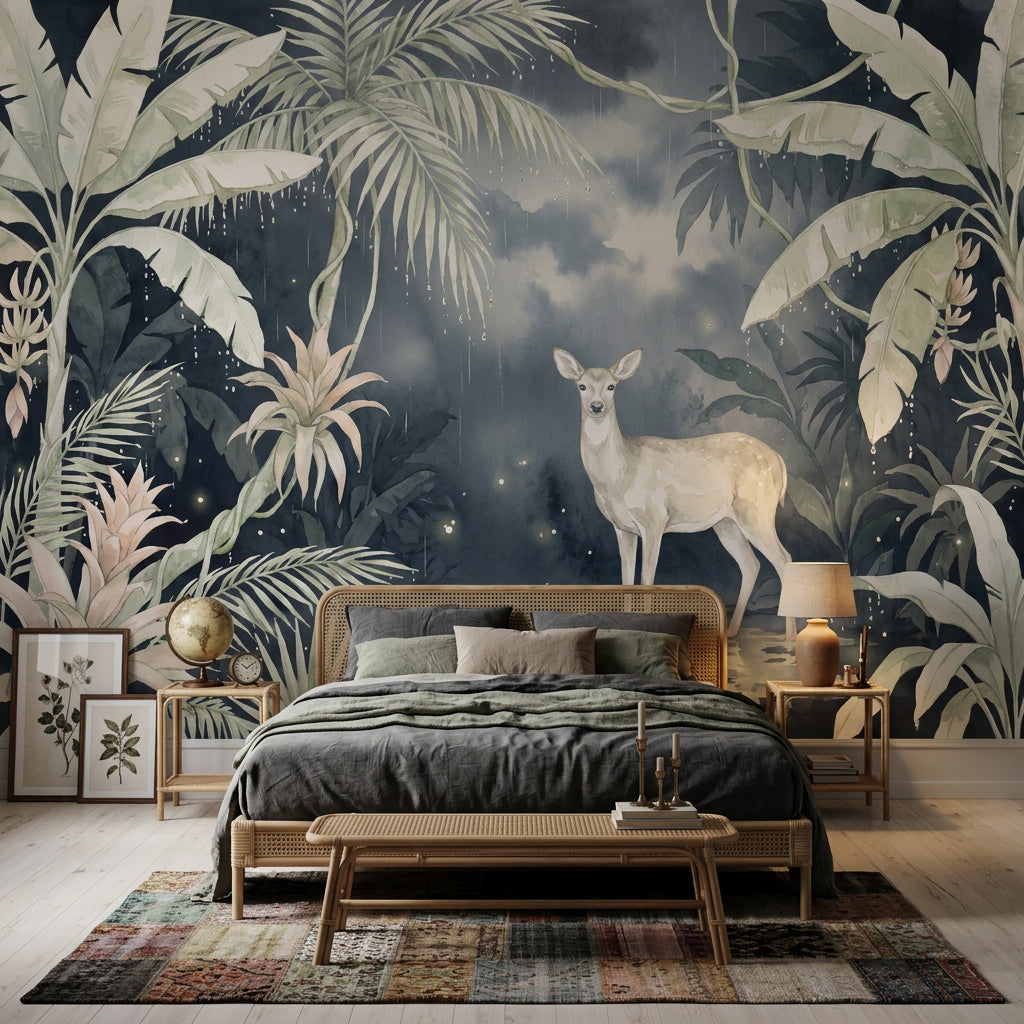 Tropical Jungle Wallpaper Watercolor Deer Fawn Removable Wall Decor