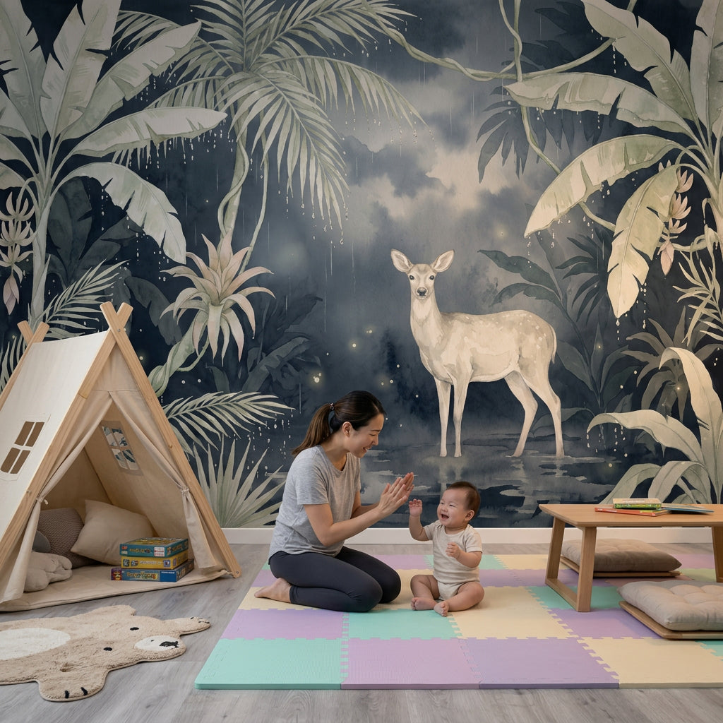 Tropical Jungle Wallpaper Watercolor Deer Fawn Removable Wall Decor
