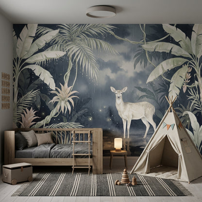 Tropical Jungle Wallpaper Watercolor Deer Fawn Removable Wall Decor