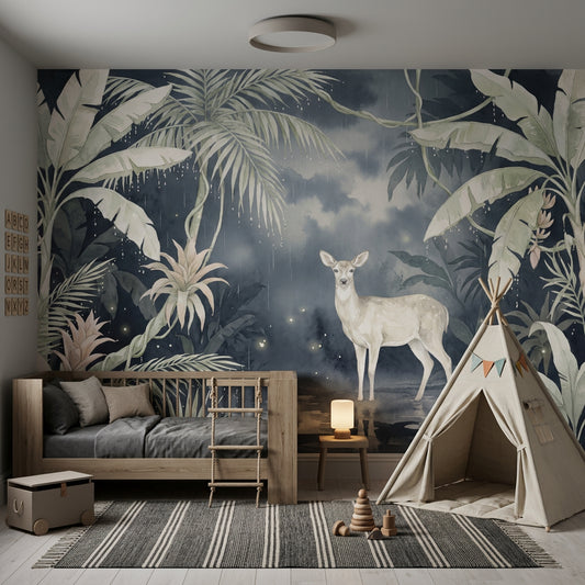 Tropical Jungle Wallpaper Watercolor Deer Fawn Removable Wall Decor