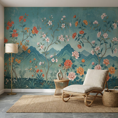 Floral Landscape Mural Wallpaper Teal Blue Background Removable Layered Mountains Wall Decor