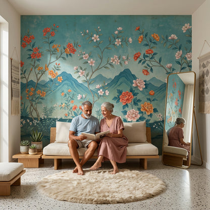 Floral Landscape Mural Wallpaper Teal Blue Background Removable Layered Mountains Wall Decor