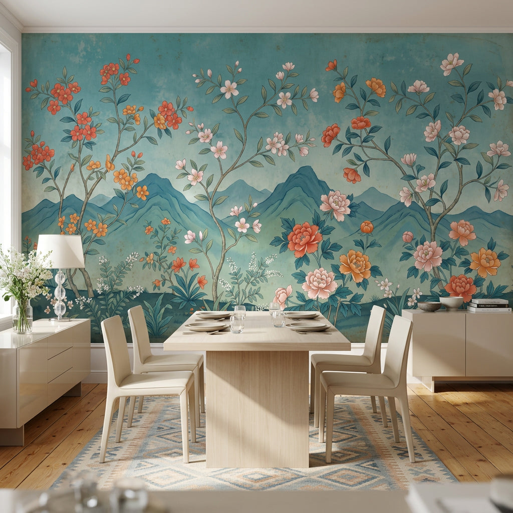 Floral Landscape Mural Wallpaper Teal Blue Background Removable Layered Mountains Wall Decor