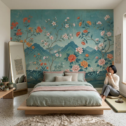 Floral Landscape Mural Wallpaper Teal Blue Background Removable Layered Mountains Wall Decor