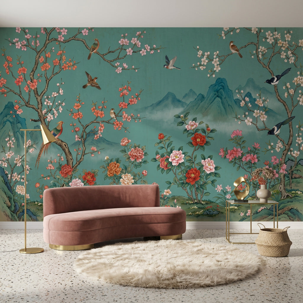 Teal Background Wallpaper Cherry Blossom Branches Vintage Mural Wall Mural