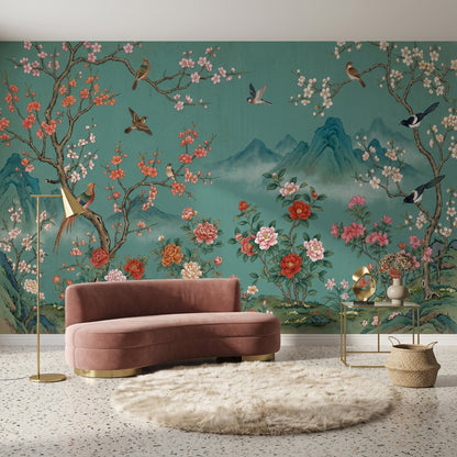 Teal Background Wallpaper Cherry Blossom Branches Vintage Mural Wall Mural