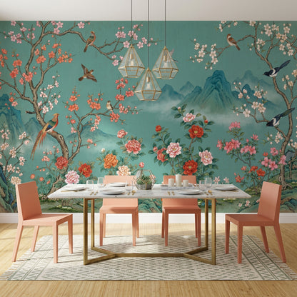 Teal Background Wallpaper Cherry Blossom Branches Vintage Mural Wall Mural