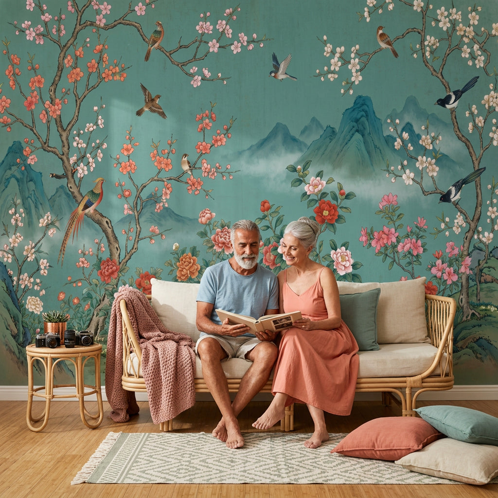 Teal Background Wallpaper Cherry Blossom Branches Vintage Mural Wall Mural