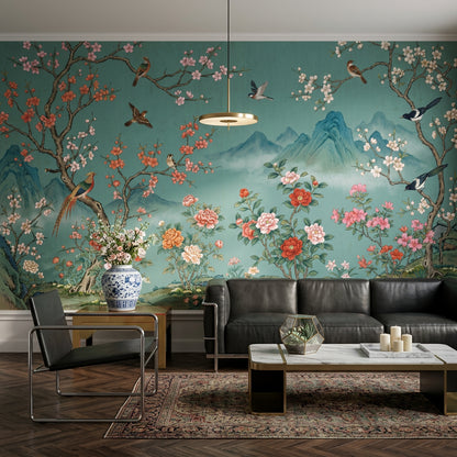 Teal Background Wallpaper Cherry Blossom Branches Vintage Mural Wall Mural