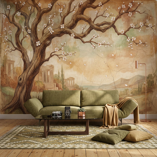 Vintage Fresco Wallpaper Classical Ruins Flowering Tree Removable Wall Decor
