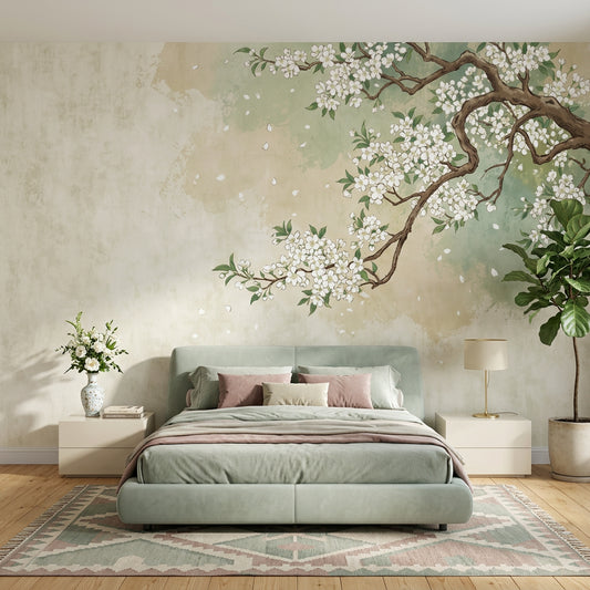 Floral Branch Wallpaper White Blossoms Removable Watercolor Wash Wall Decor