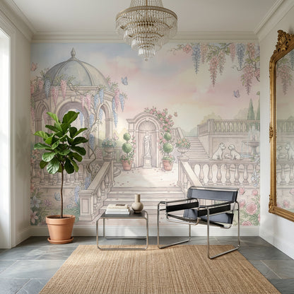 Pastel Garden Wallpaper Classical Terrace Gazebo Pavilion Wall Mural