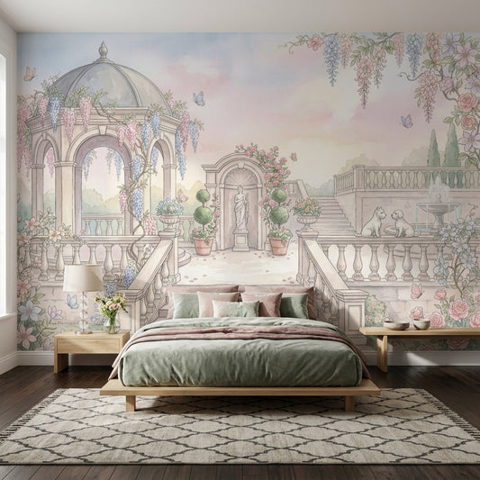 Pastel Garden Wallpaper Classical Terrace Gazebo Pavilion Wall Mural