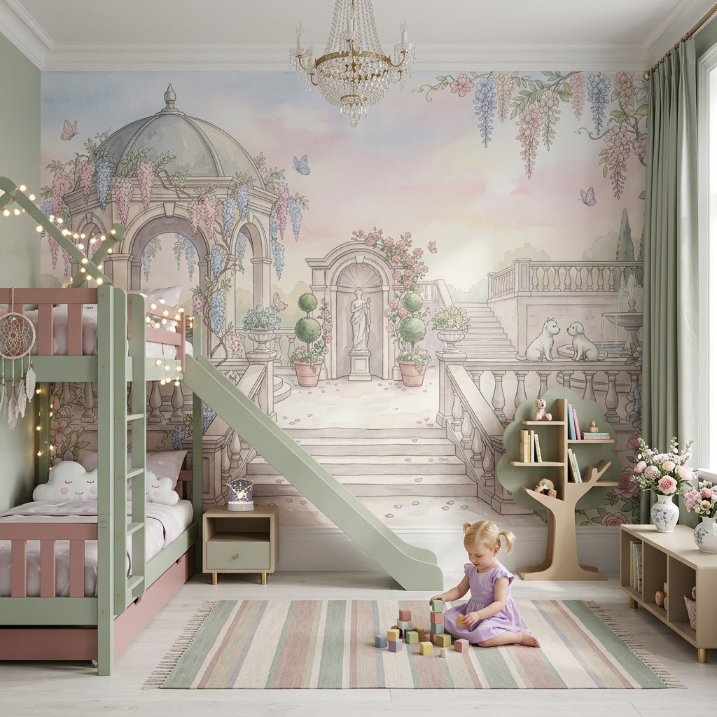Pastel Garden Wallpaper Classical Terrace Gazebo Pavilion Wall Mural
